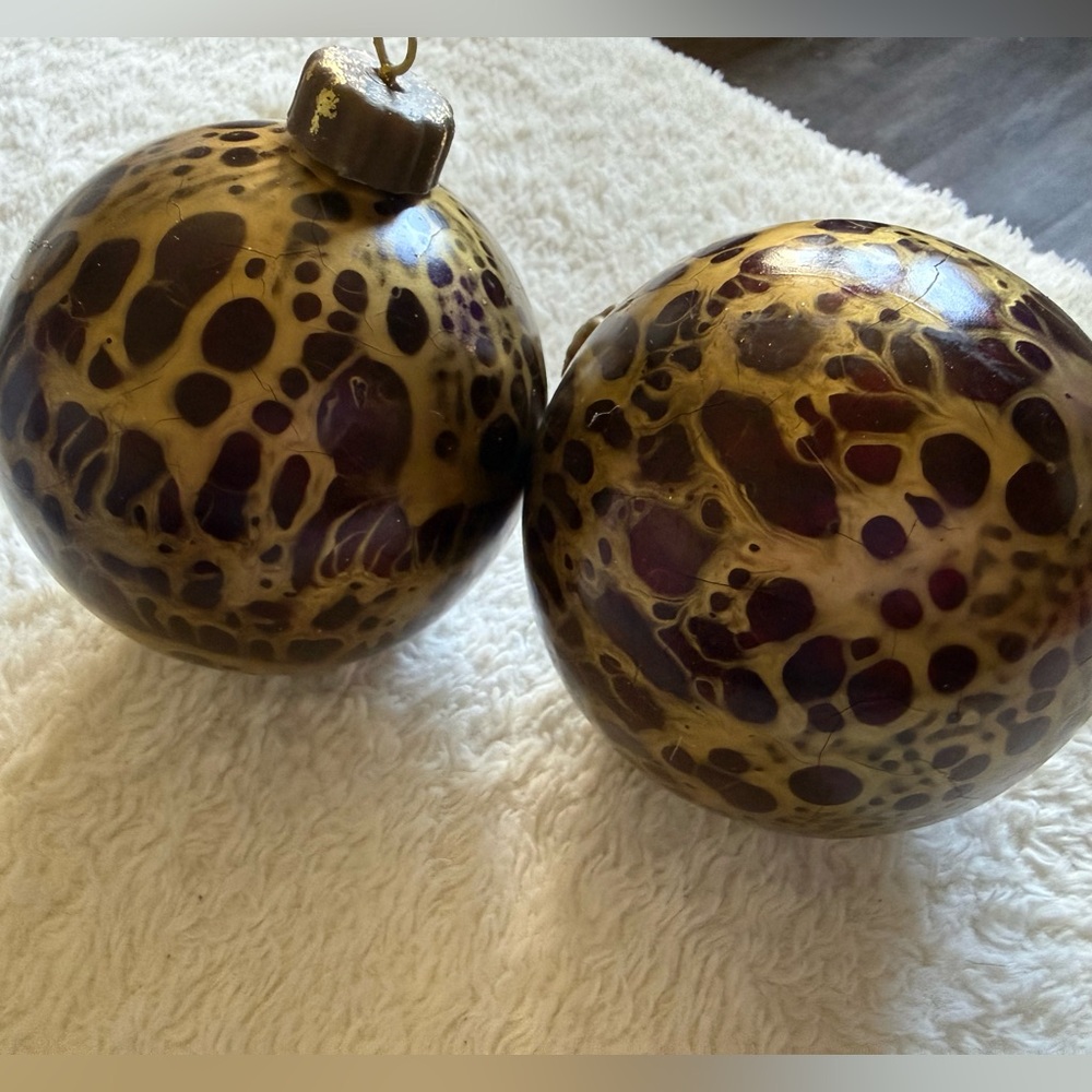 2 Large Hand-Blown Glass Holiday Ornaments in Brown and Gold